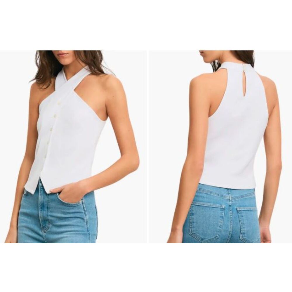 Veronica Beard Thea Ribbed Button Criss Cross Sleeveless Top NWT 228 White
